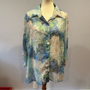 Y2K Maggie Sweet Sheer Cosmic Blue, Green, Black & White Button Down Shirt